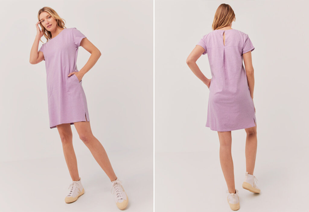 Model showing two angles of the Pact The Mix Tee Dress in lavender